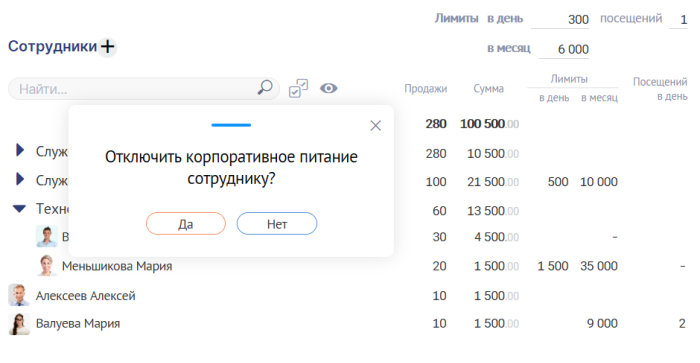 Отключение корпоративного питания сотруднику по клику в программе Setty Presto