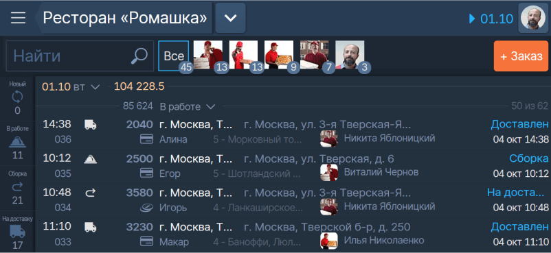 Заказы на доставку со статусами в программе Setty Presto