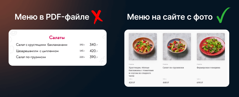 Сравнение меню в PDF-файле без фото и меню на сайте ресторана с фото