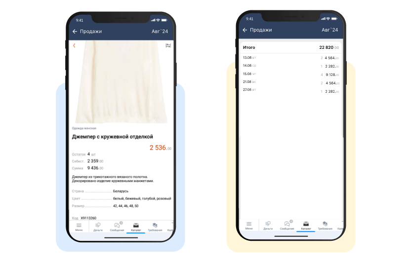 Информация о товаре и его продажах по дням в приложении руководителя